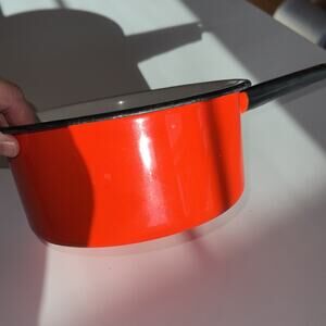 Vintage Enamel Saucepan Bright Red-Orange Black Handle Camp Cookware